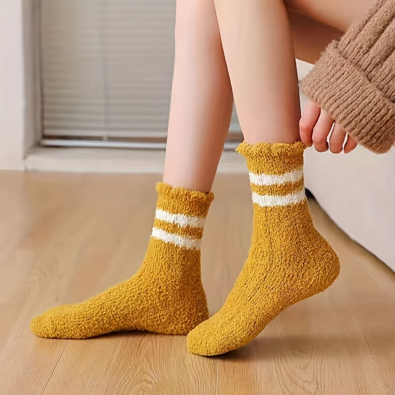 3 Pairs Striped Fuzzy Socks Comfy & Warm Mid Tube Women's Stockings