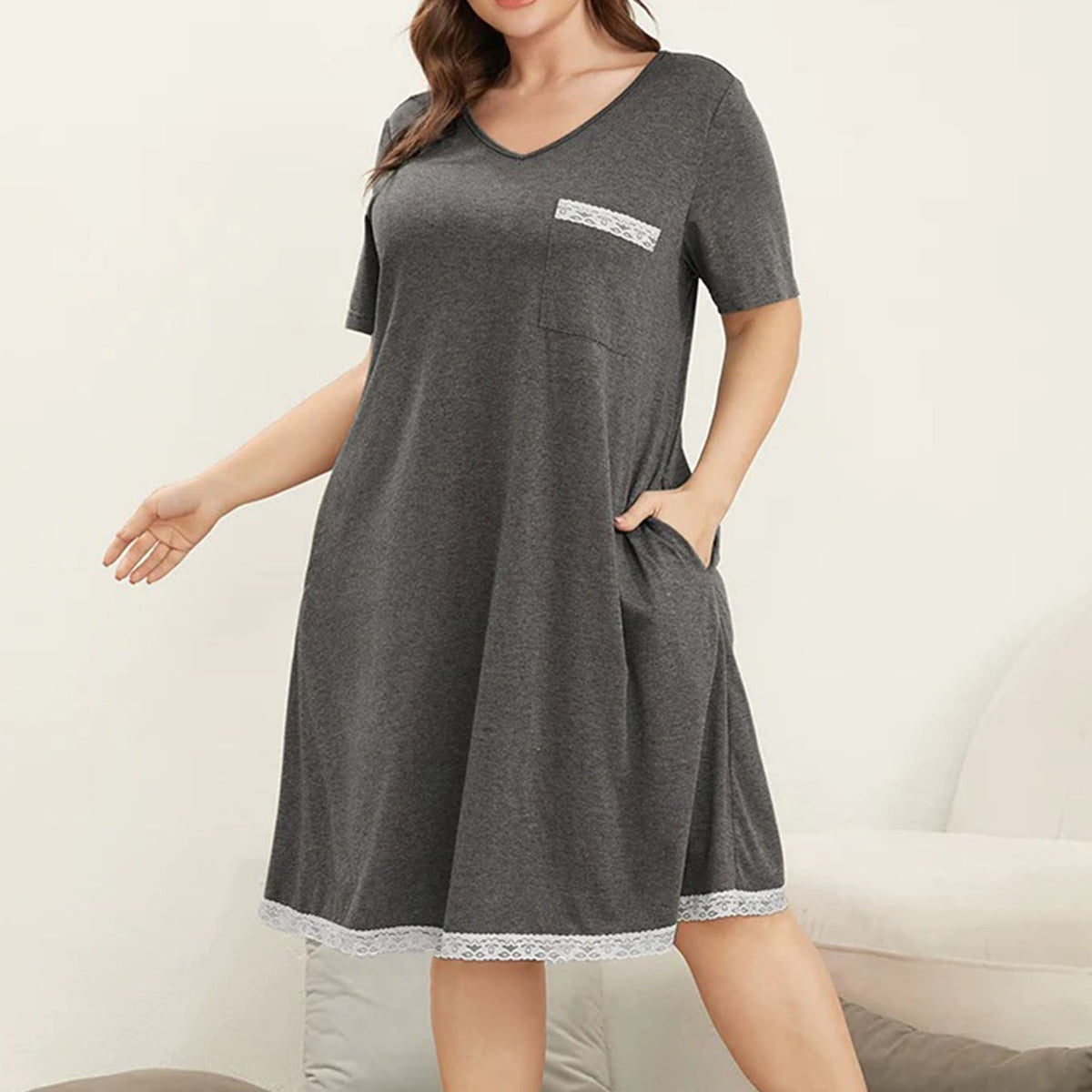 Lace Trim V Neck Short Sleeve Dress