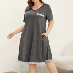  Lace Trim V Neck Short Sleeve Dress