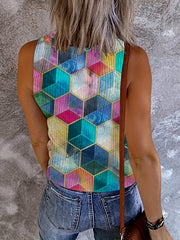  Colorful Geo Print V Neck Button Front Tank Top