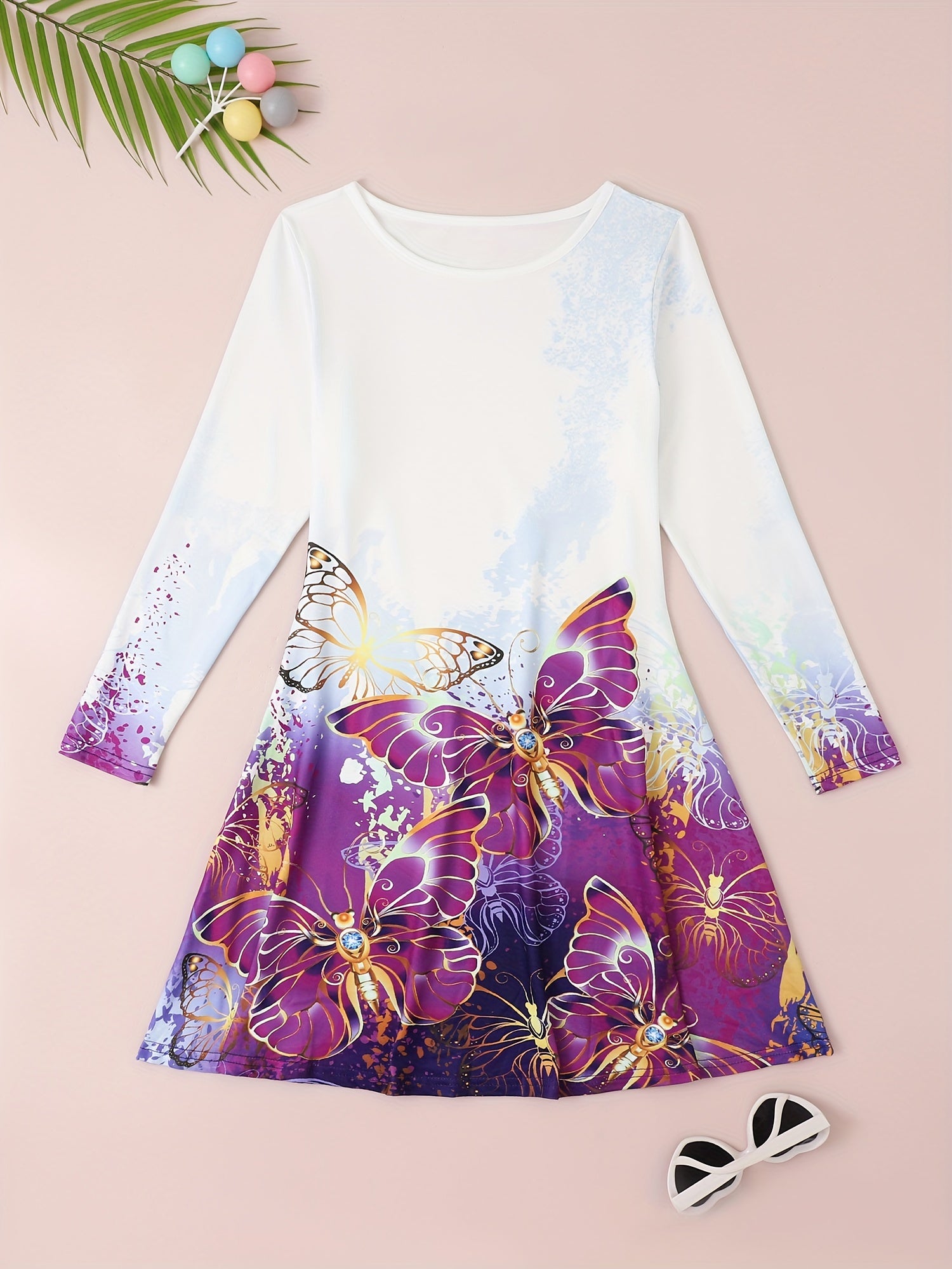 Girls 3D Butterfly Graphic Long Sleeve Dress