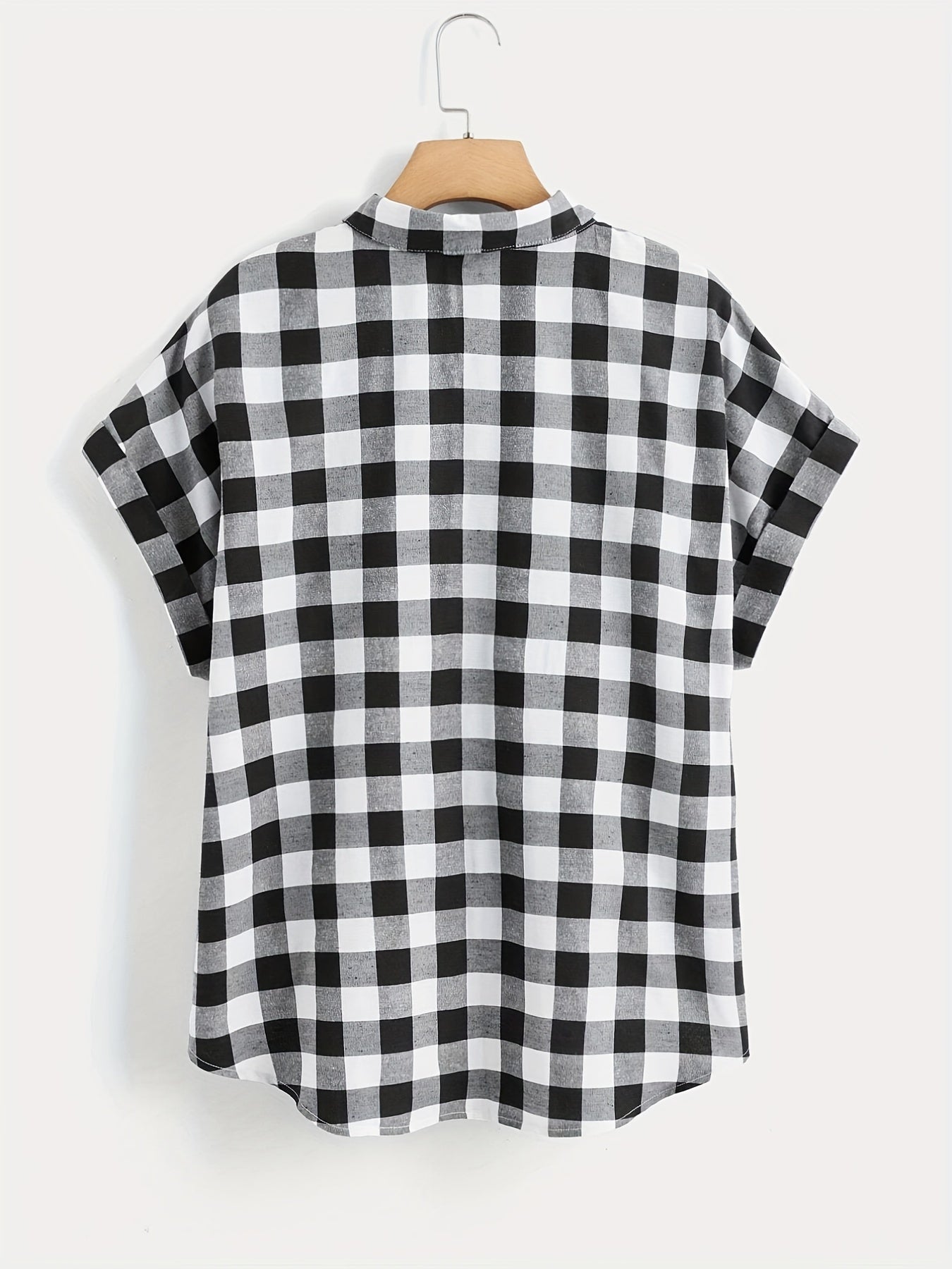  Gingham Print Button Up Bat Sleeve Blouse