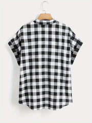  Gingham Print Button Up Bat Sleeve Blouse