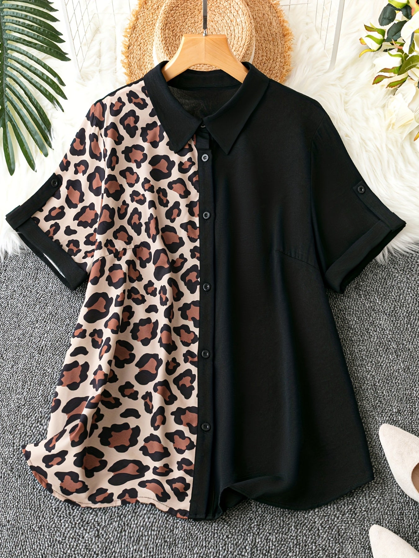  Colorblock Leopard Print Button Up Blouse