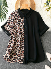  Colorblock Leopard Print Button Up Blouse