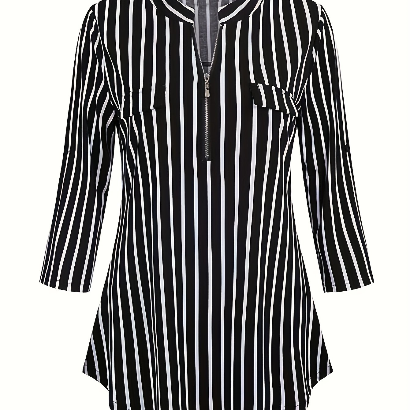  Stripe Print Half Zipper V Neck Top