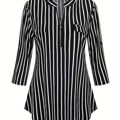  Stripe Print Half Zipper V Neck Top
