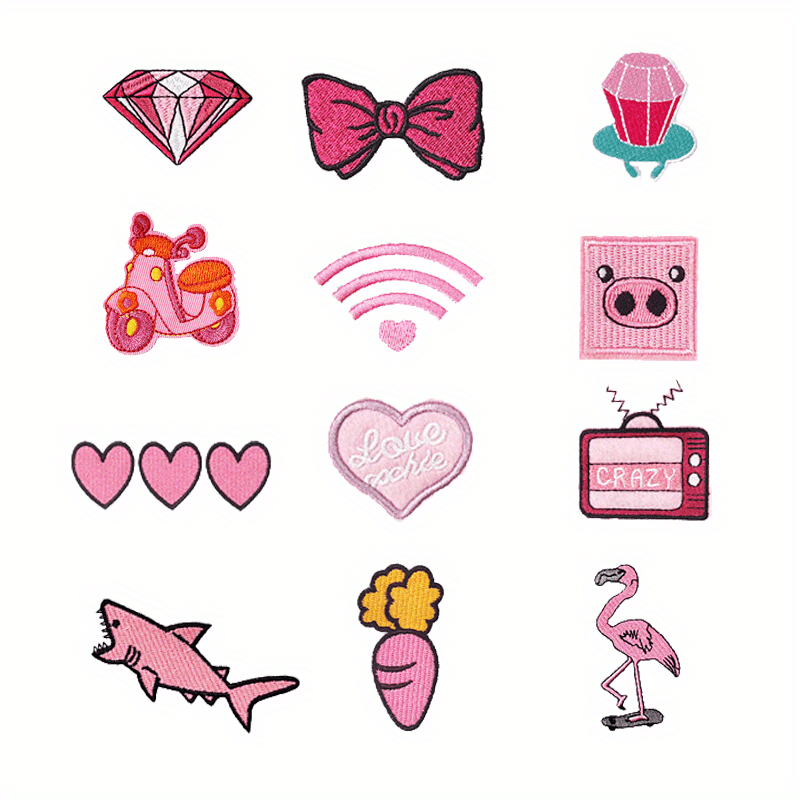 12pcs Pink Set Iron On Patches Sew On Embroidered Applique Repair Patches