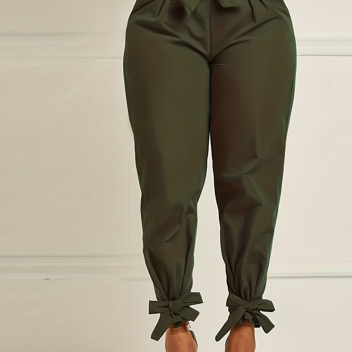 Plus Size Bow Knot Tapered Leg Elastic Pants With Belt