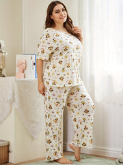  Women's Fox & Trees Print Pajama Set Short Sleeve Top & Pants
