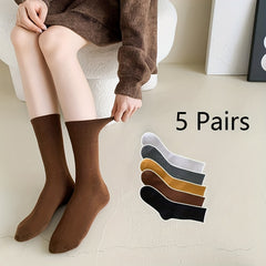 5 Pairs Women's Comfy Mid Tube Socks - Solid Color Breathable Stockings