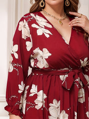 Floral Print Lantern Sleeve Smock Dress With Belt