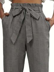 Plaid Print Belted Tapered Pants Paper Bag Waist