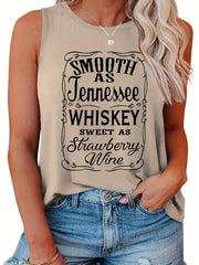  Casual Tank Top Women's Plus Letter Print Round Neck Slight Stretch