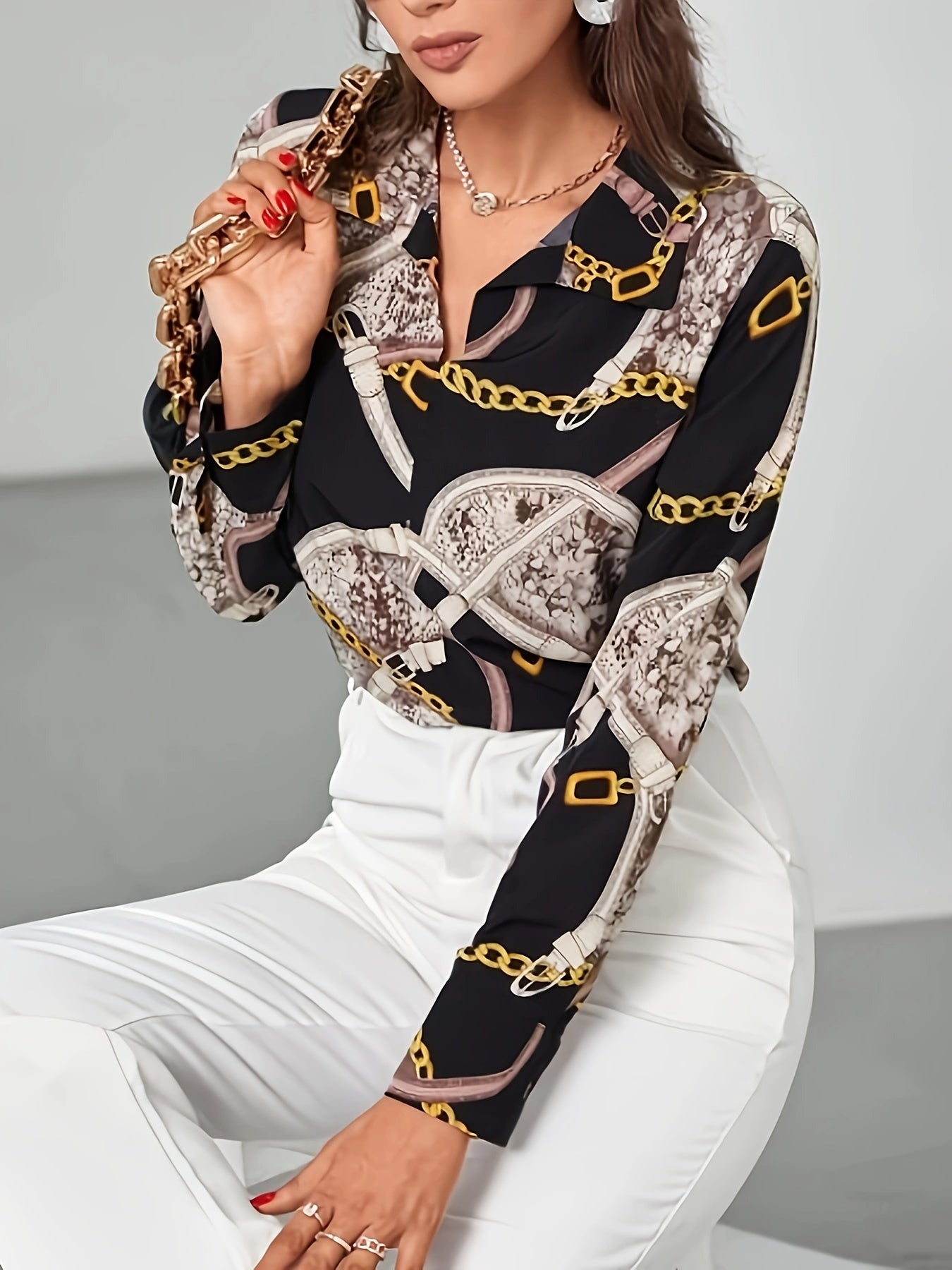 Casual Blouse Women's Plus Chain & Snakeskin Print Long Sleeve