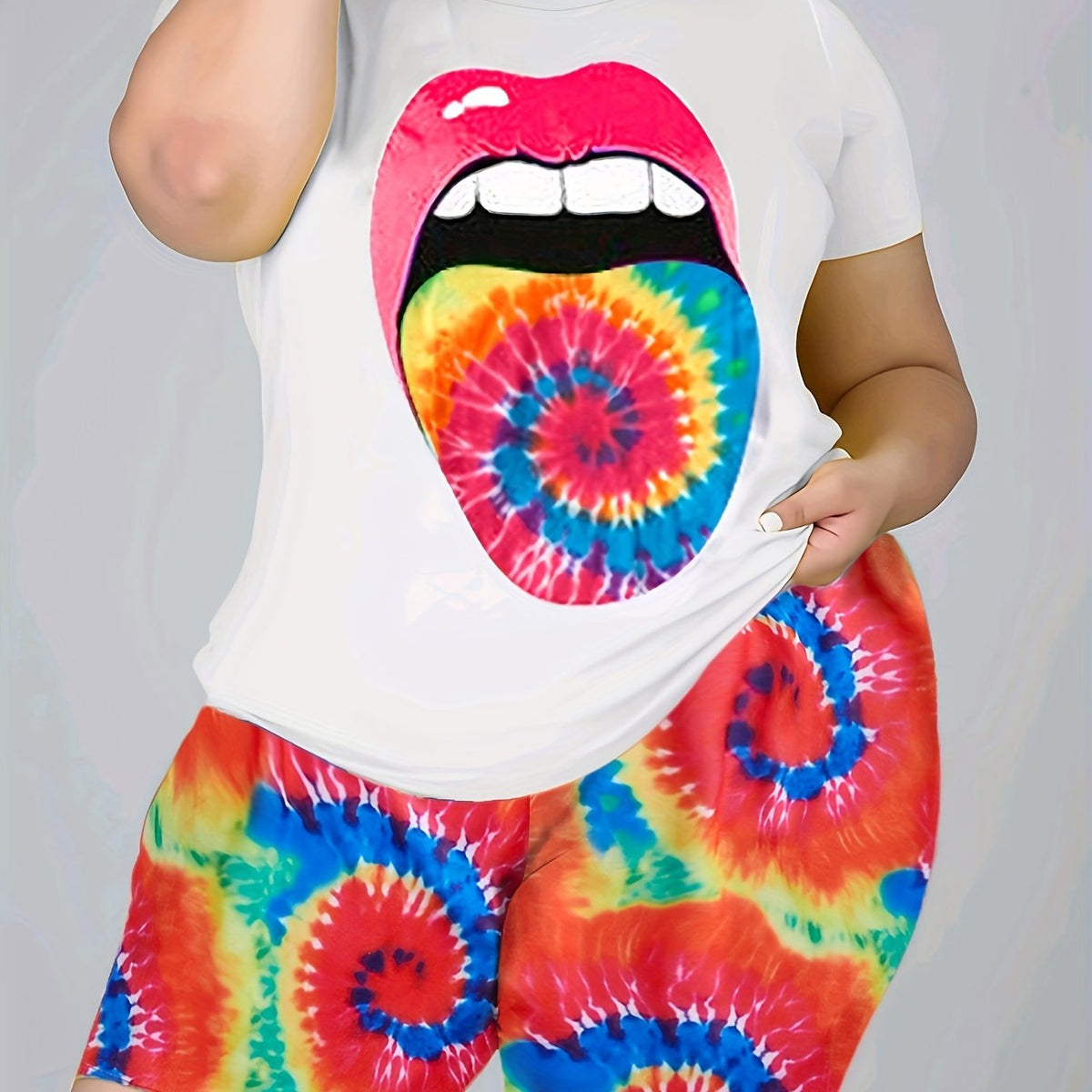  Lip Print T-shirt & Short Pants Set Women's Casual Stretch 2 Pcs Set