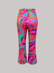  Flared Leg Trousers Abstract Print Elastic High Rise Pant