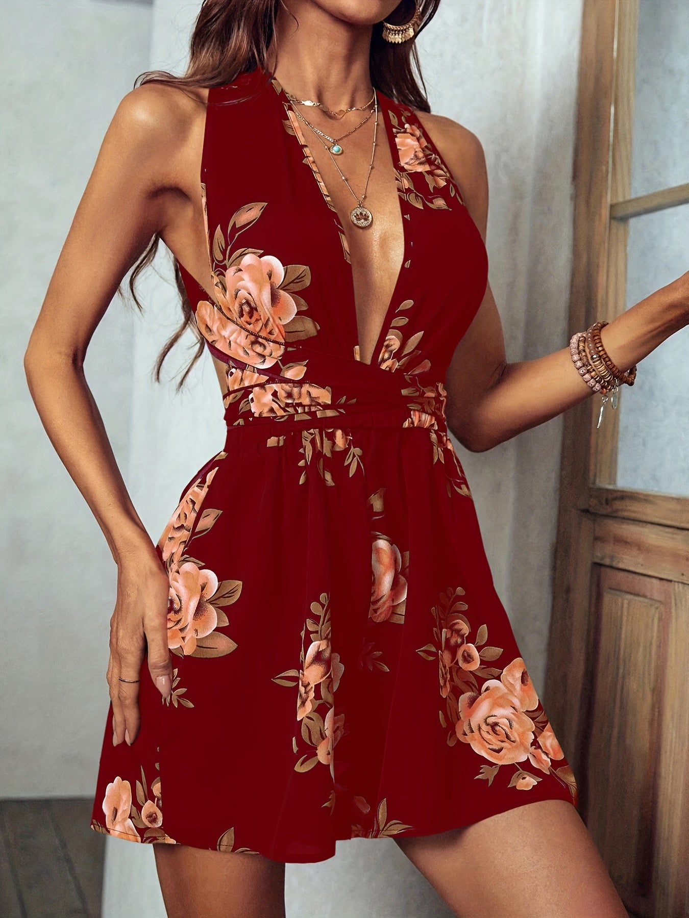 Floral Print Belted Romper Jumpsuit Plunge Neck Backless Halter Romper Jumpsuit
