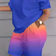  Women's Solid Tee & Ombre Print Shorts Set