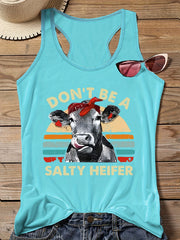  Cartoon Cow & Slogan Print Round Neck Vest Top