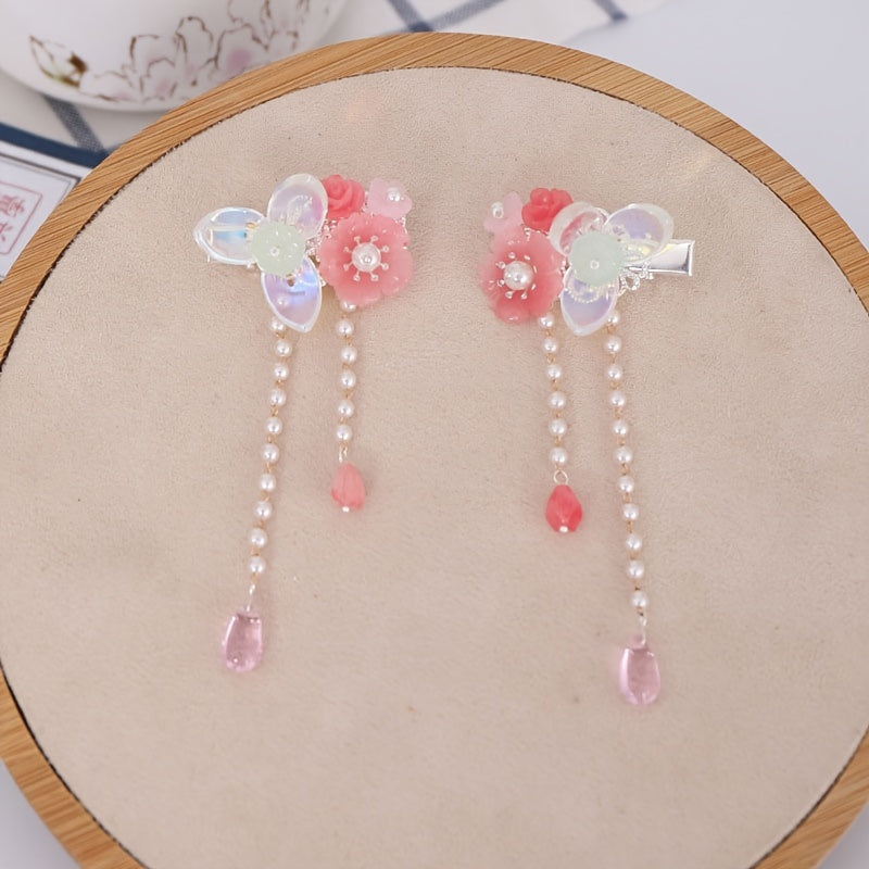 Vintage Chinese Hanfu Hairclip Pearl Flower Leaf Tassel Barrette