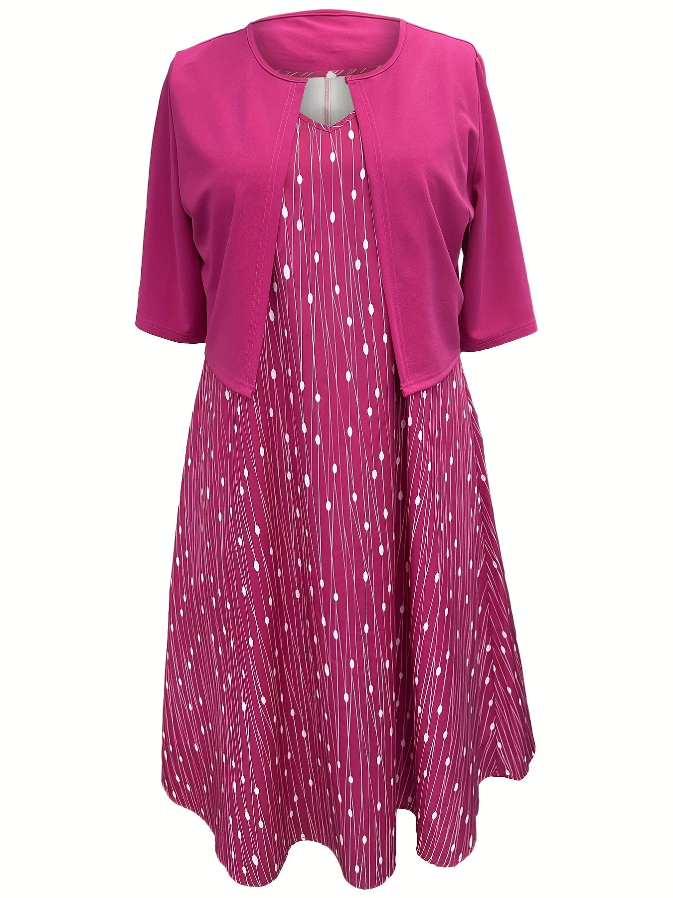 Plus Dot & Stripe Print V Neck Cami Dress & Cardigan Outfit Set