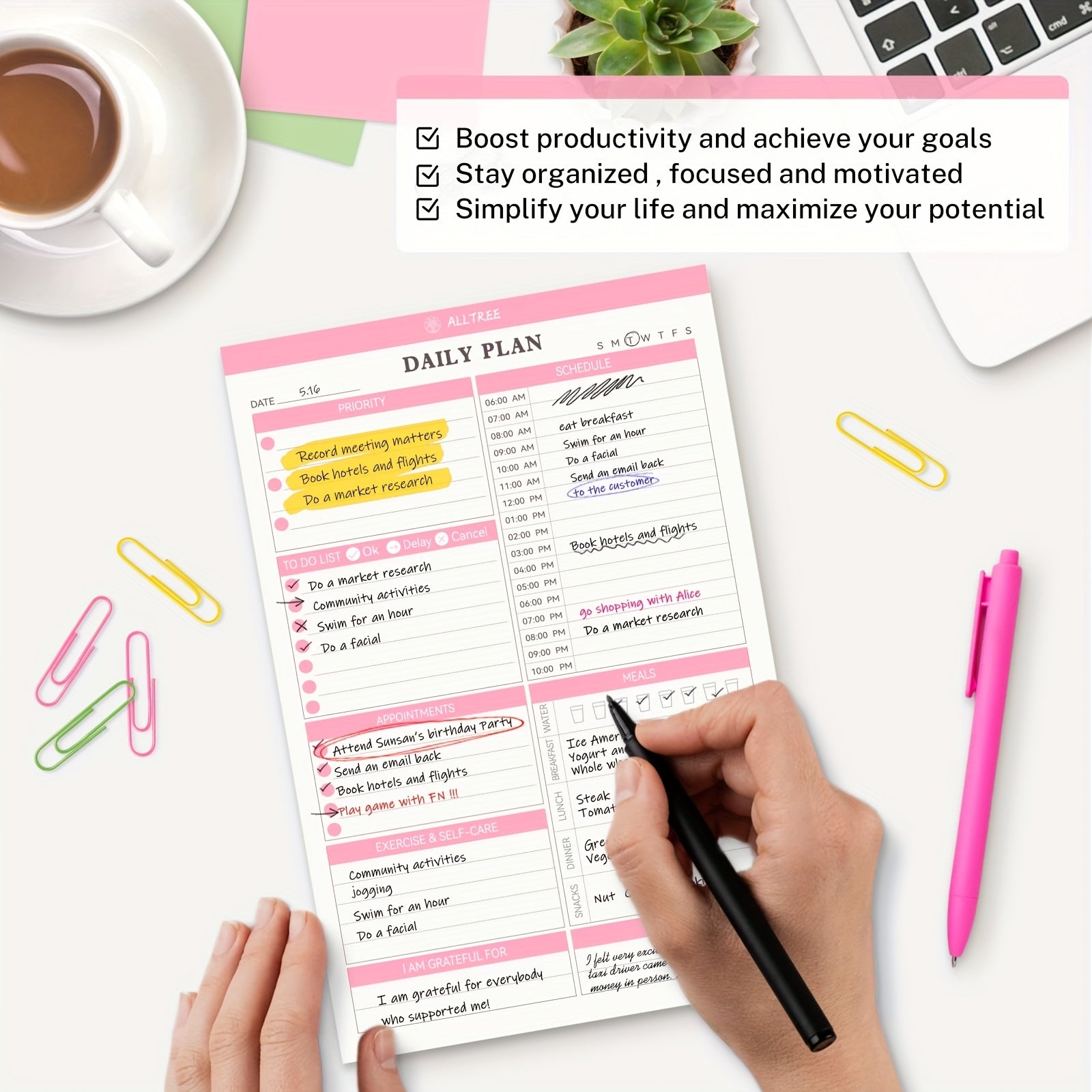 Daily Planner Notepad Hourly Schedule To Do List Appointments Meals Water Intake