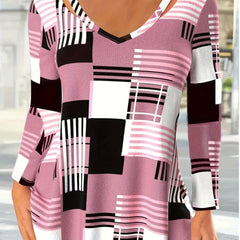  Colorblock Geo Print Long Sleeve V Neck Tunic Top