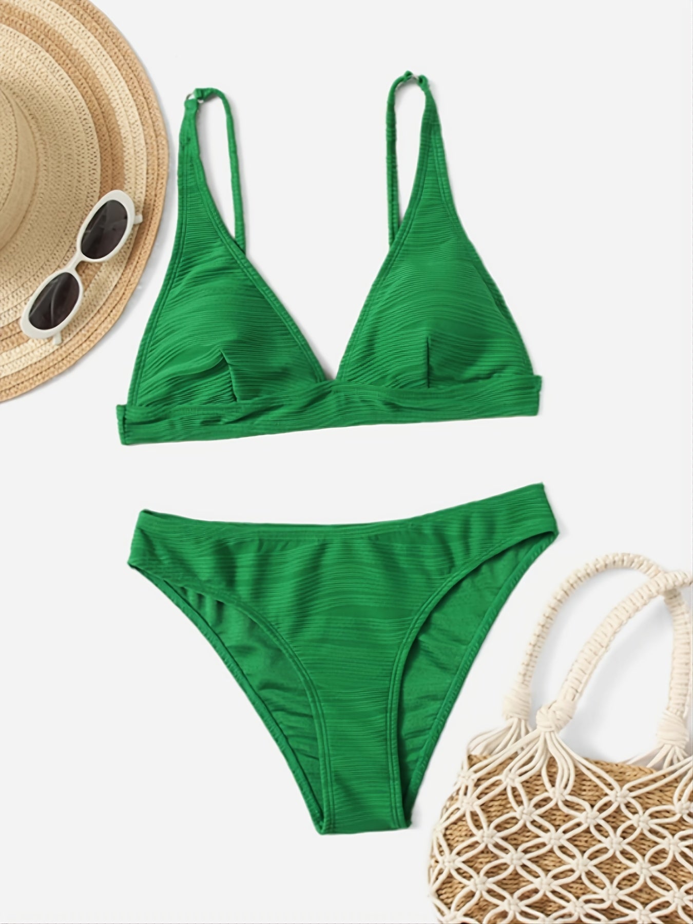 Textured V Neck Triangle Bikini Swimsuit