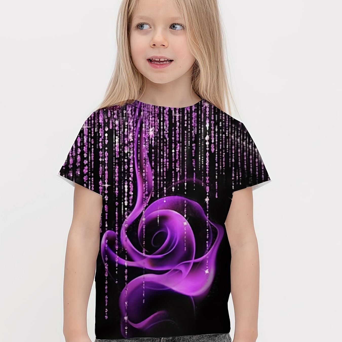 3D Flower Graphic Crew Neck Tee for Girls - Summer Wear