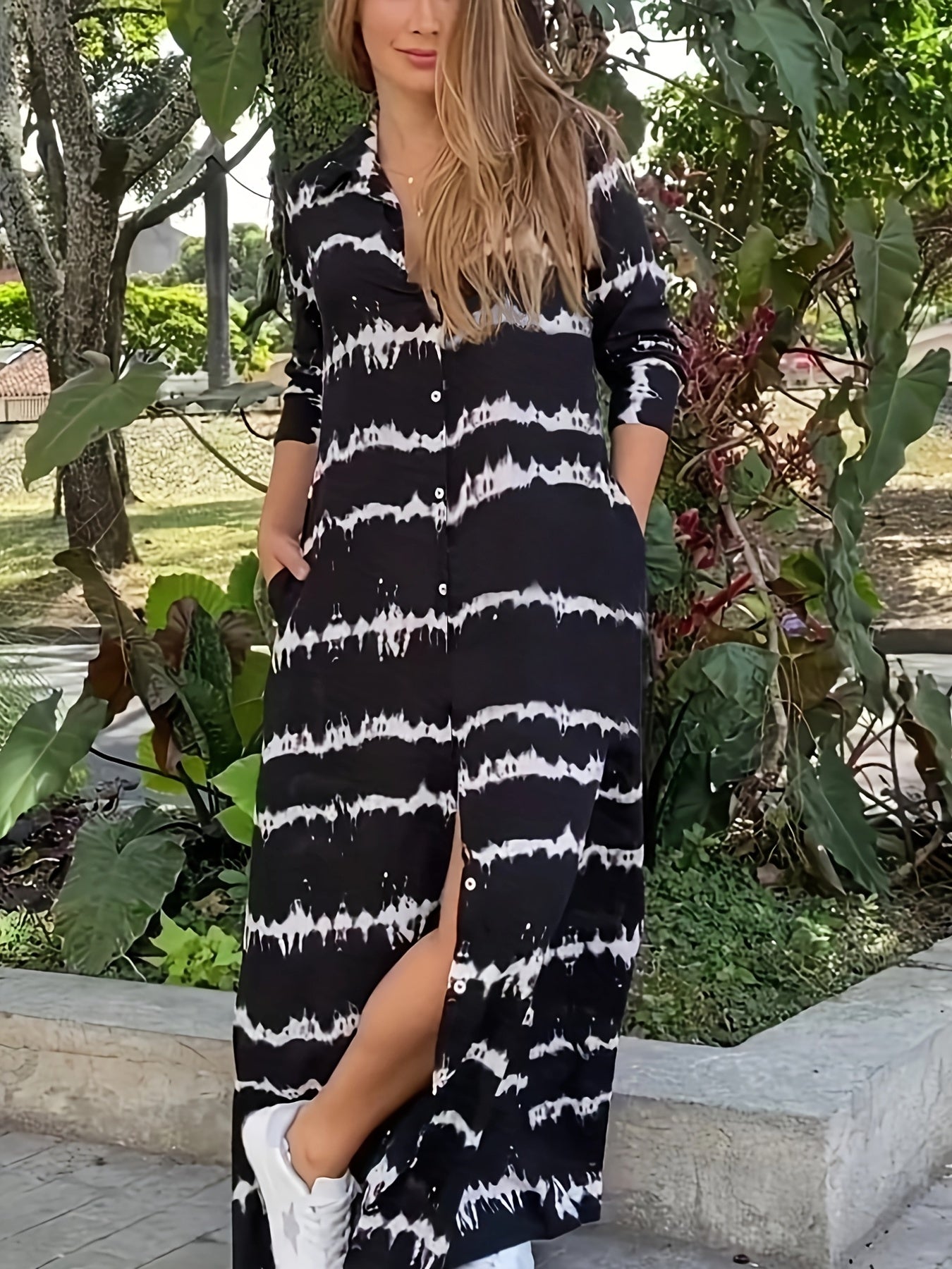  Stripe Print Button Up Shirt Dress