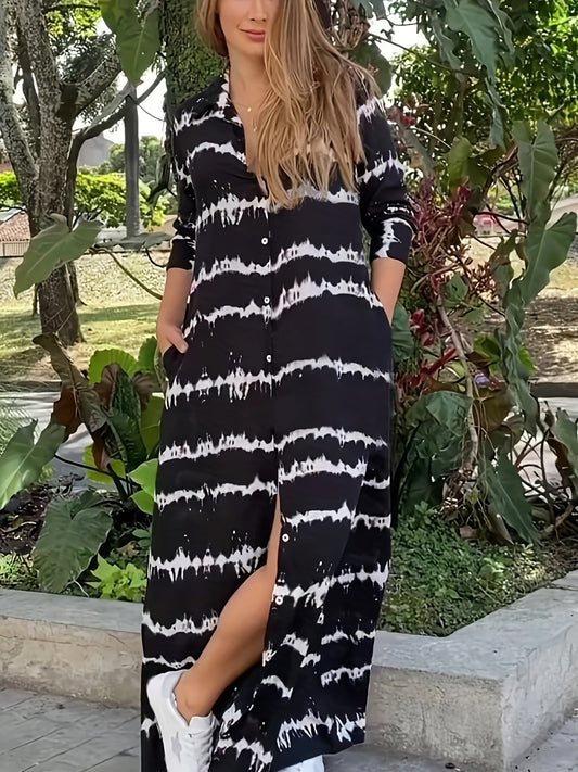  Stripe Print Button Up Shirt Dress