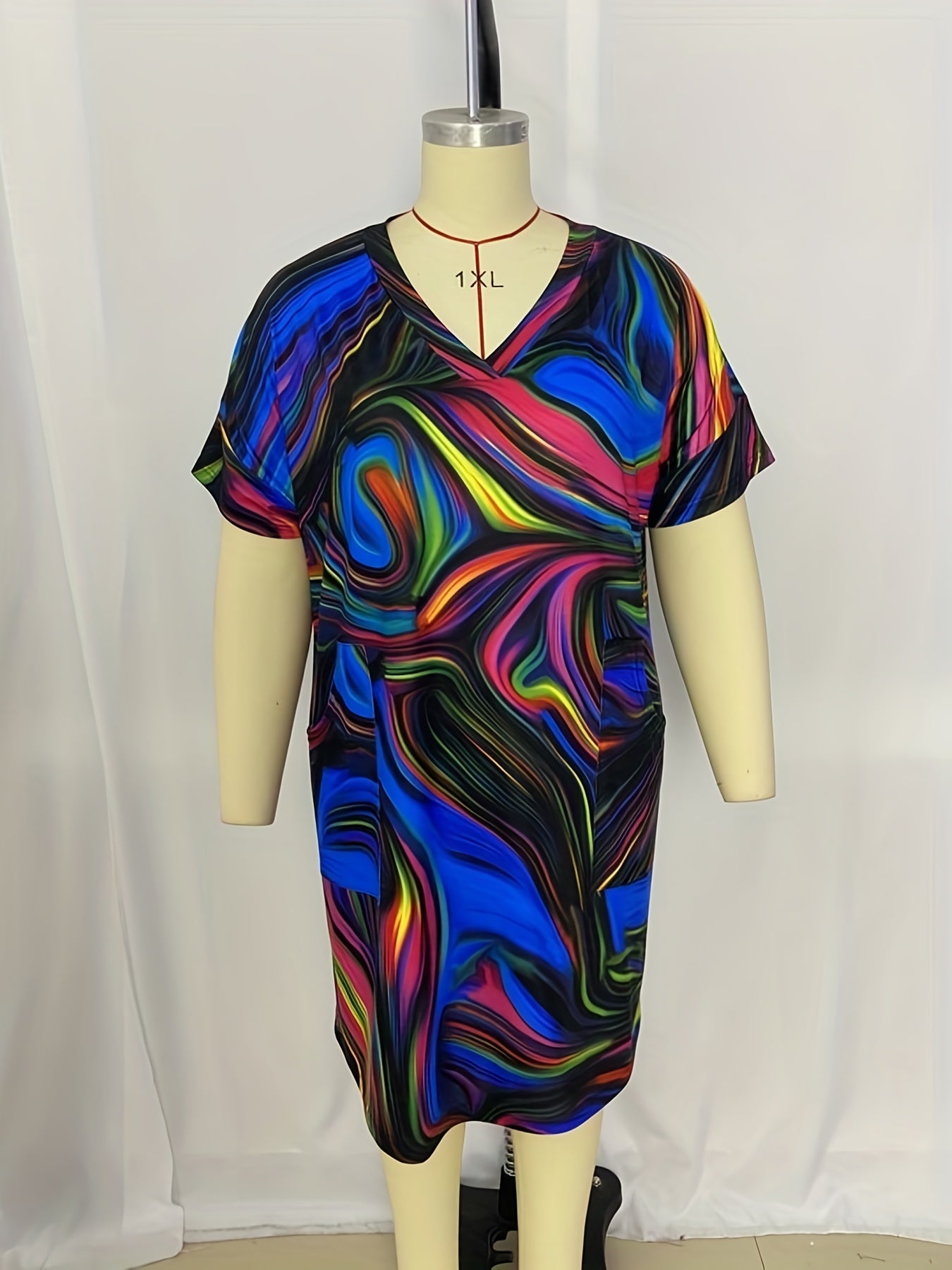  Denim Print V-Neck Midi Dress with Pockets