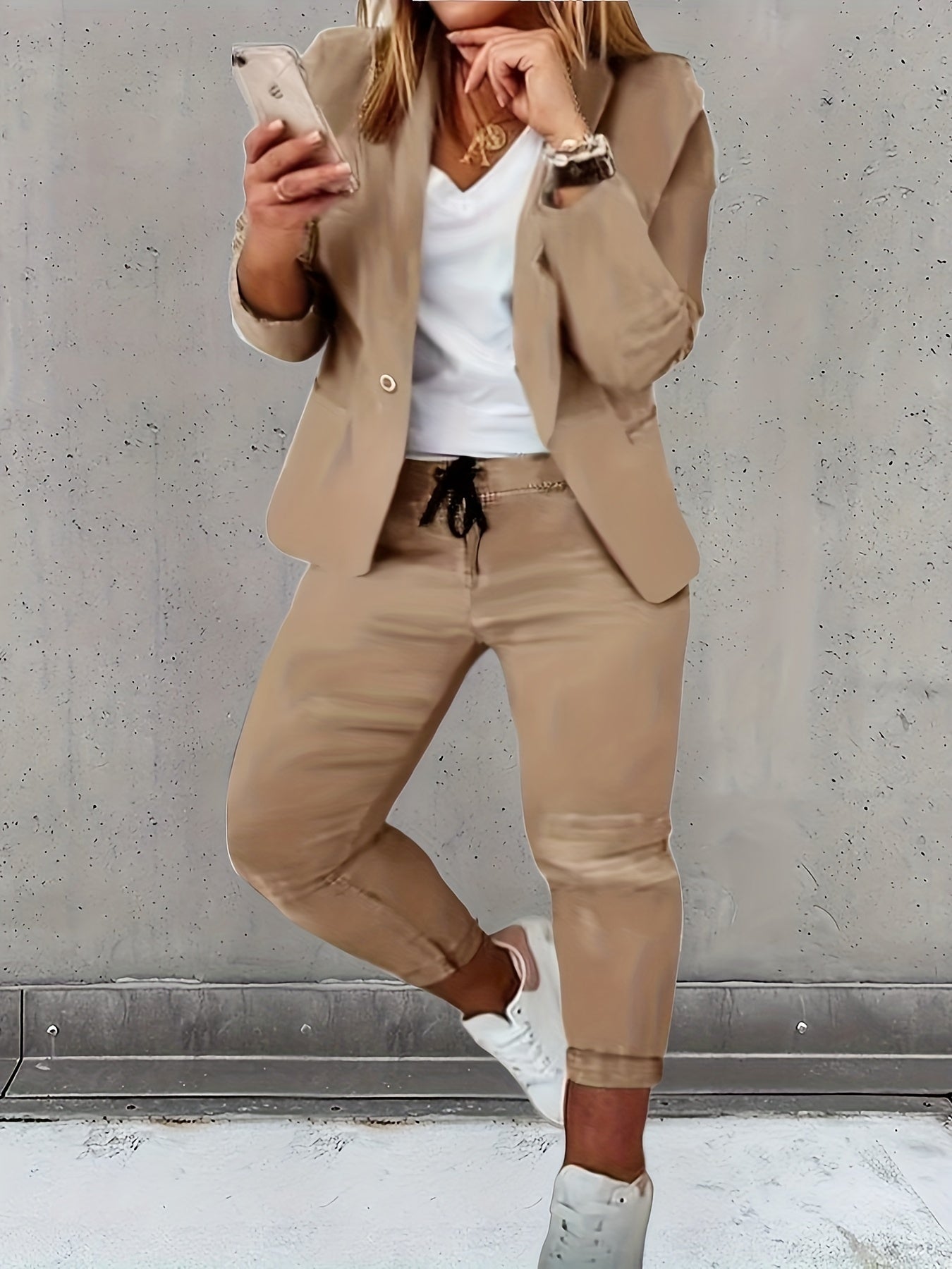  Casual Suit Set Women's Blazer & Drawstring Pants Suit