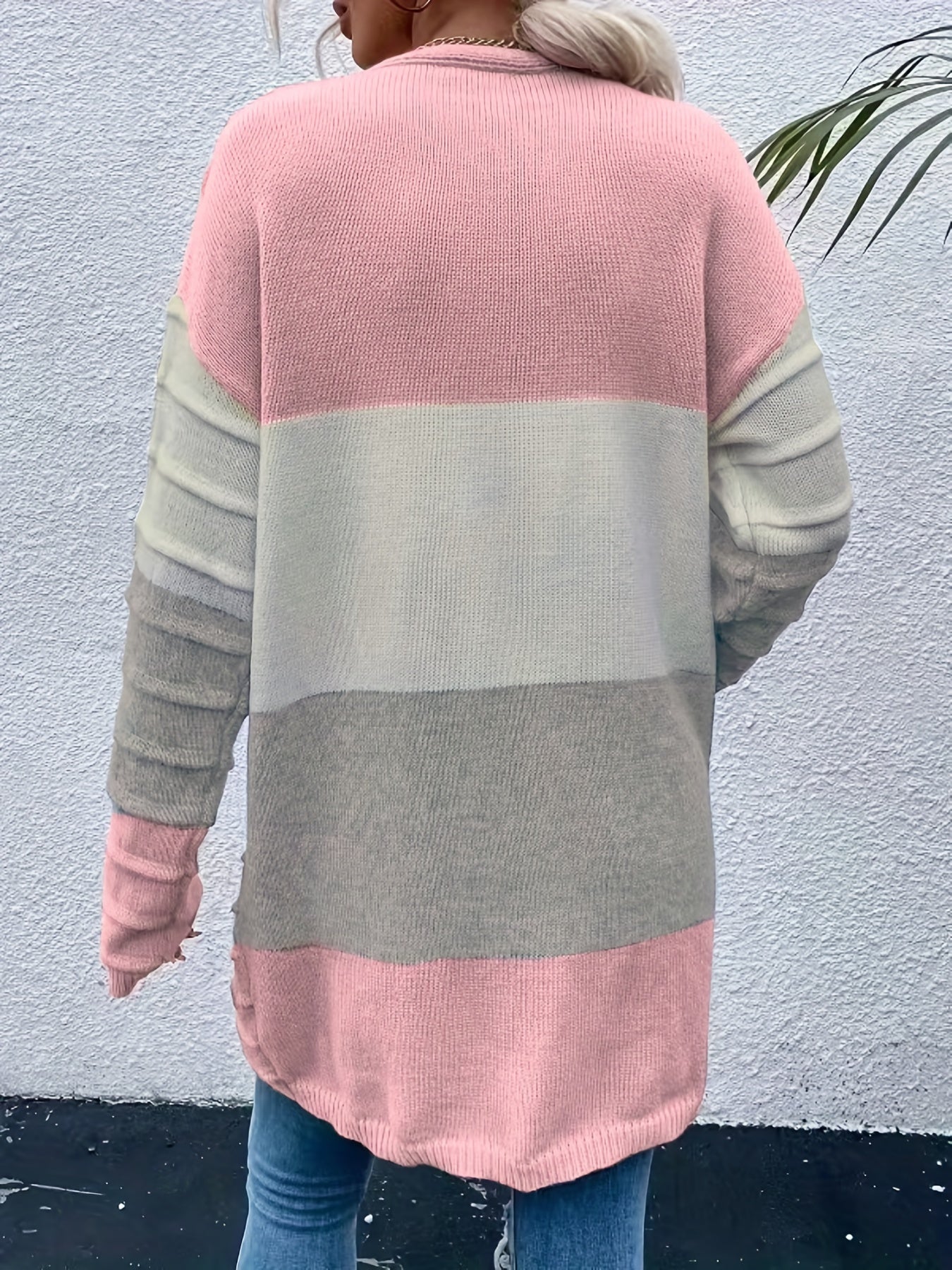  Colorblock Long Sleeve Open Front Cardigan With Pockets