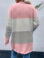  Colorblock Long Sleeve Open Front Cardigan With Pockets