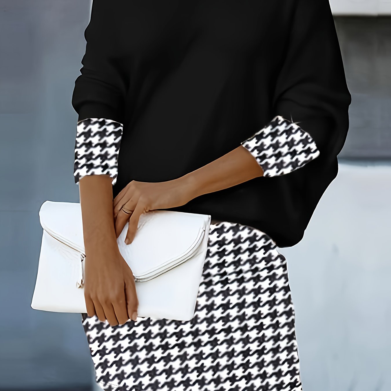  Houndstooth Print One Shoulder Top & Mini Skirt Set
