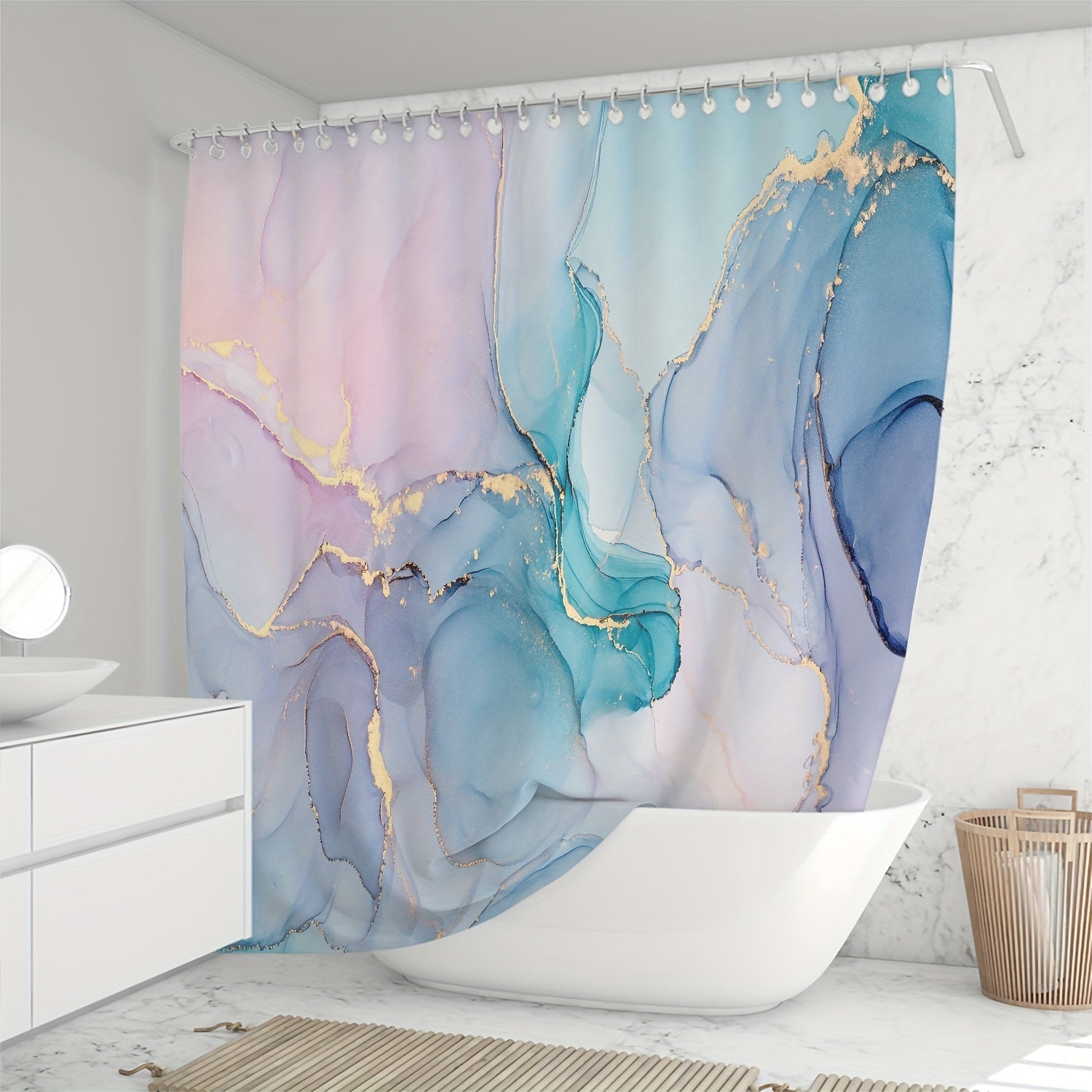 Dreamy Marble Gilded Bathroom Curtain with Plastic Hooks