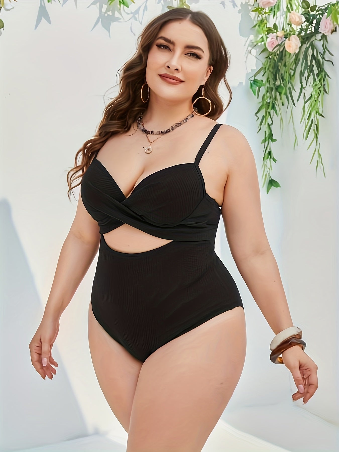  Sexy Swimsuit Women's Solid Cut Out Twist Front One Piece