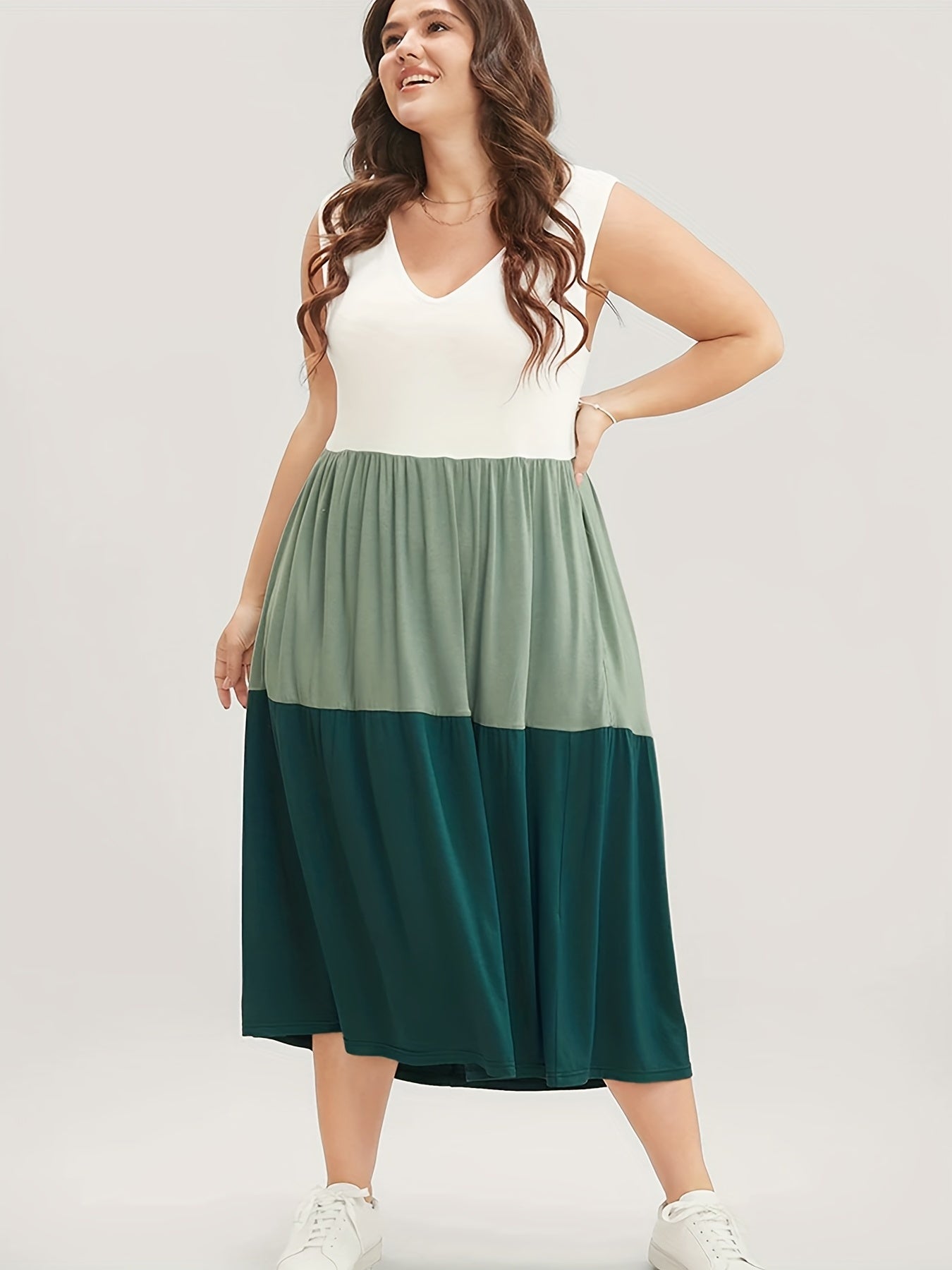  Colorblock V Neck Maxi Tank Dress