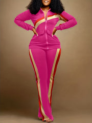  Striped Print Jacket & Pants Set Women's Plus Casual 2pcs Set