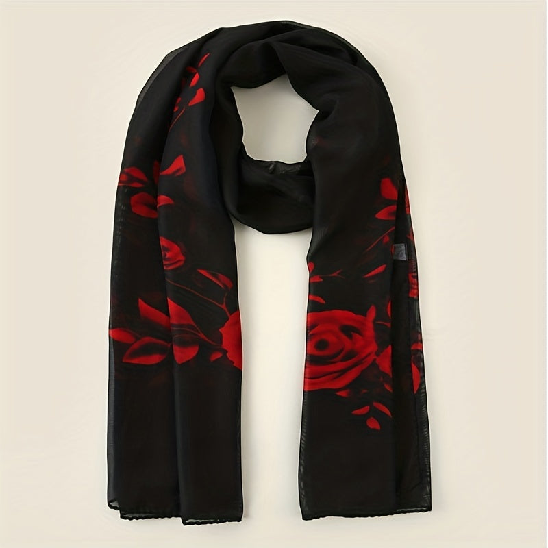 Rose Flower Print Chiffon Shawl Scarf for Beach Vacation