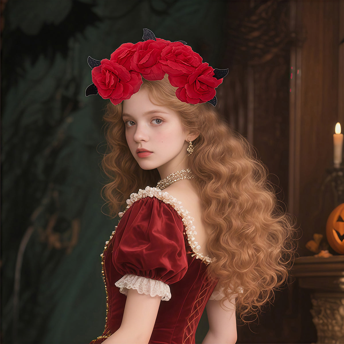 Victorian Rose & Feathered Headpiece Red Flower Soft Pastel
