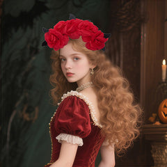 Victorian Rose & Feathered Headpiece Red Flower Soft Pastel