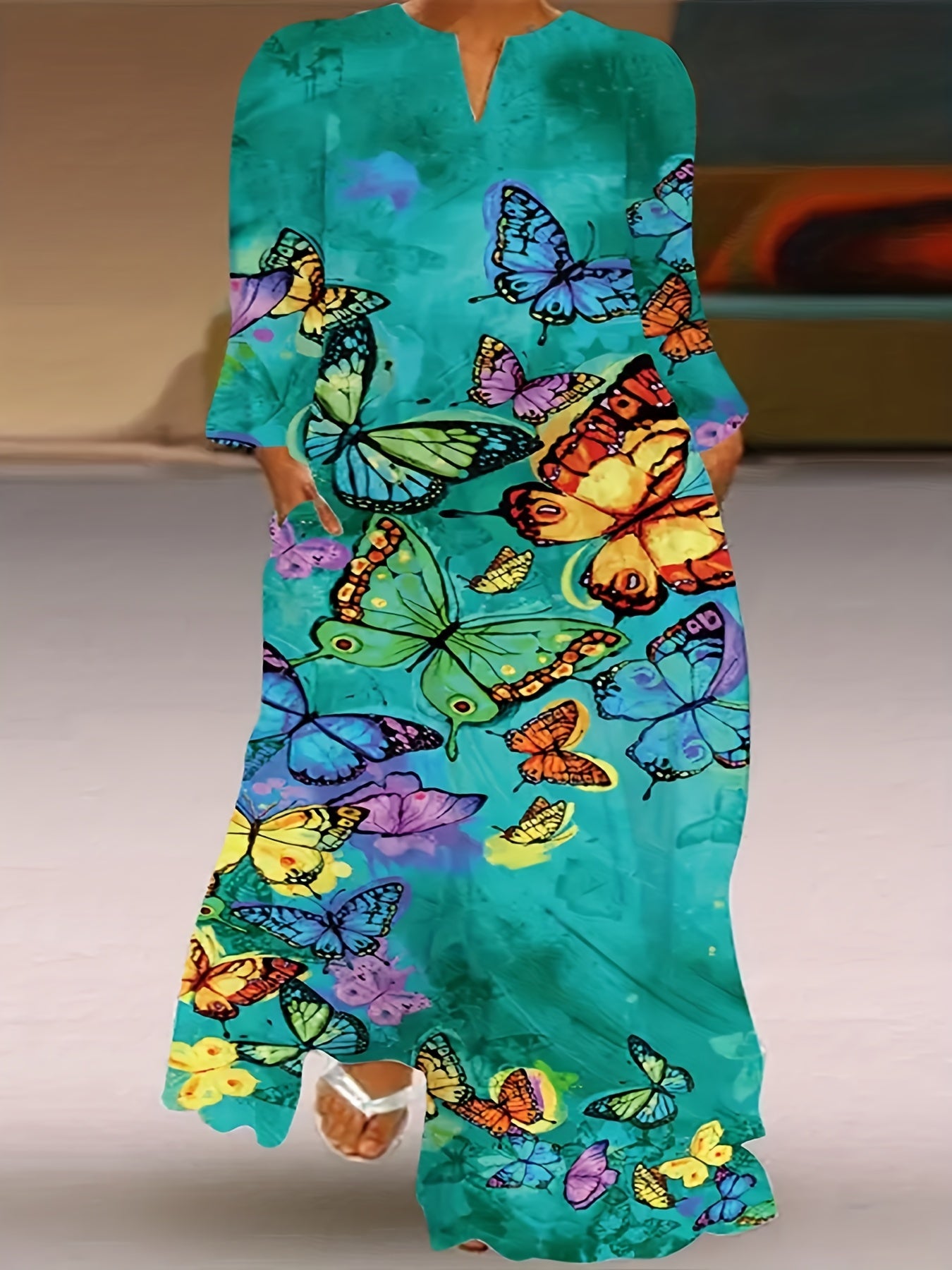  Moon & Feather Print Maxi Dress with Pockets