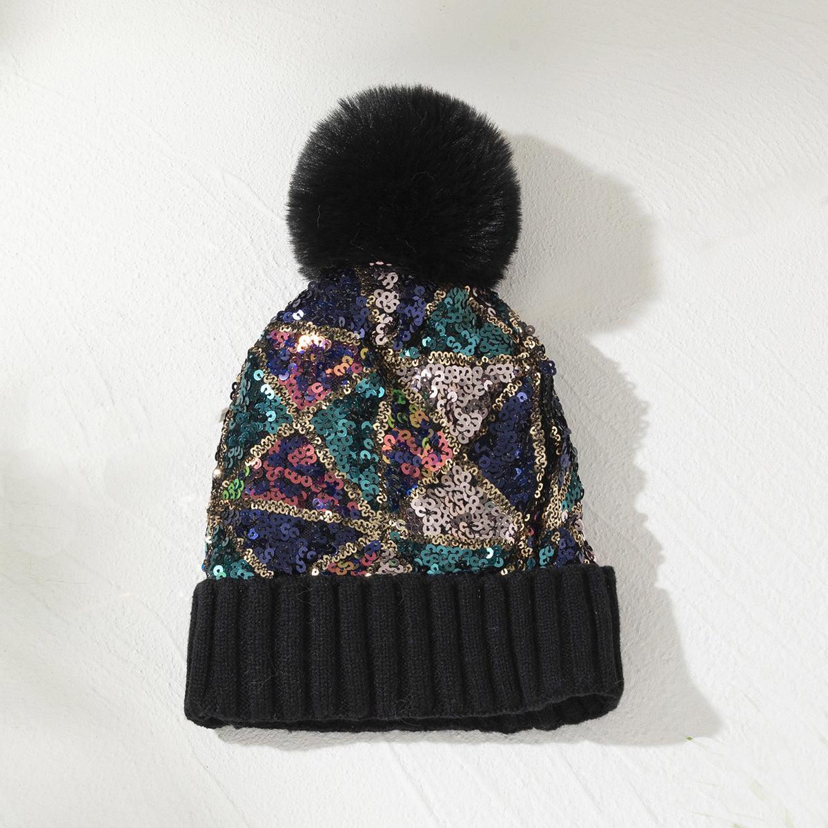 Sequin Pompom Beanie Warm Plush Knit Hat Soft & Comfortable Elastic Hats