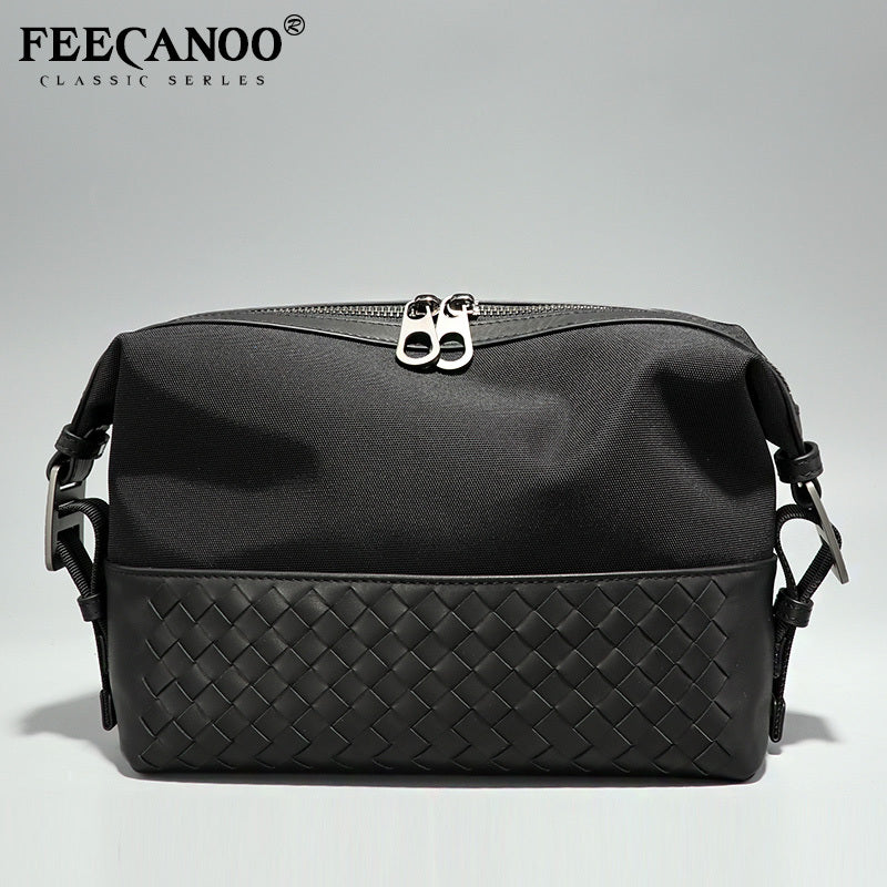 Men's Oxford Cloth Leather Woven Handbag Casual Storage Bag