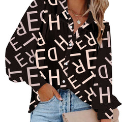  Casual Blouse Women's Plus Letter Print Button Up Long Sleeve