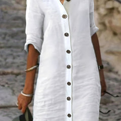  Solid Button Up Long Sleeve Mock Neck Shirt Dress