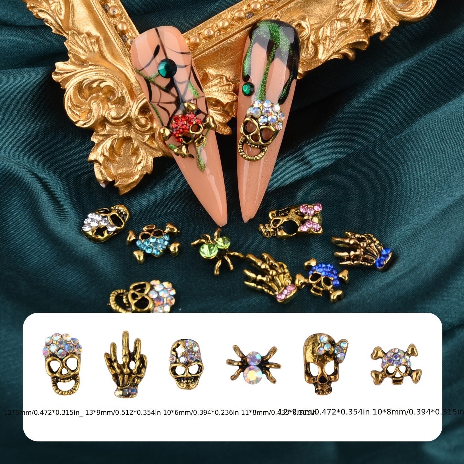 Halloween Nail Art Charms Kit with Rhinestones 3D Retro Metal Gems